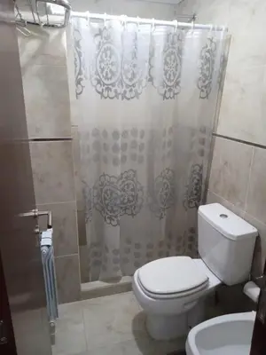 a bathroom with a toilet and a shower curtain at Veneto Village Departamento in Villa Parque Siquiman