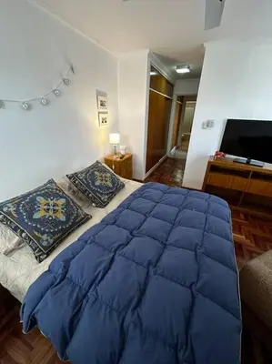 a bedroom with a blue bed with pillows and a television at Lugones House in Cordoba