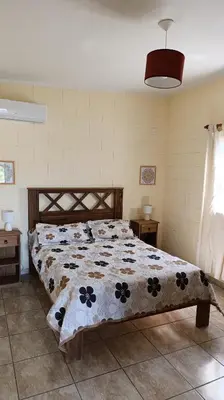 a bedroom with a bed with a comforter on it at Complejo BETELGEUSE in La Estancia