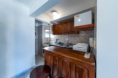 a kitchen with wooden cabinets and a sink at Calasanz in Cordoba