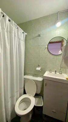 a bathroom with a white shower curtain and a toilet at A metros de PATIO OLMOS in Cordoba