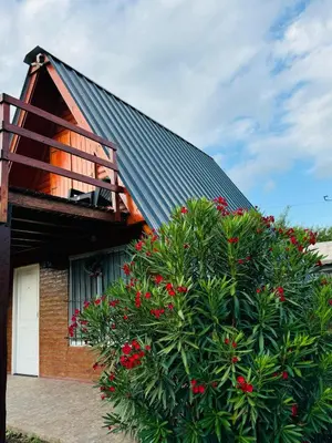 a house with a bush with red flowers at Cabañas Las abuelas in Villa Rumipal