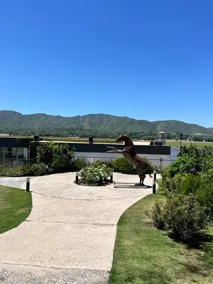 a statue of a bird standing on a sidewalk at departamento complejo Veneto Village con vista al lago in Villa Parque Siquiman