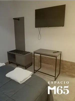 a room with a bed and a table and a television at M65 Luxury Suit in Cordoba