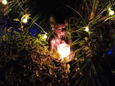 a man is standing in a bush with lights at Fabuloso apartamento con terraza y asador propios in Cordoba
