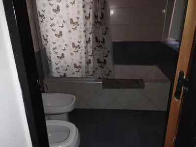 a bathroom with a toilet and a shower curtain at Paraíso Serrano 16 in Villa Ciudad Parque