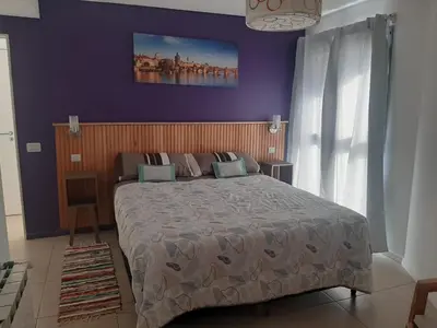 a bedroom with a large bed with a purple wall at Sonoma Ribera 5D in Cordoba