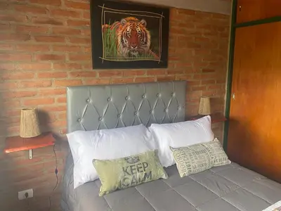a bed with white pillows and a picture of a tiger at La Herminda Casas de Campo in Nono