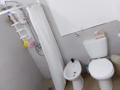 a bathroom with a white toilet and a shower curtain at Cabañas La Enriqueta in Villa Carlos Paz