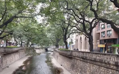 a river in a city with trees and a stone wall at Cañada in Cordoba