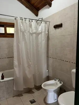a bathroom with a shower curtain and a toilet at Cabañas Los Horneros in Santa Rosa de Calamuchita