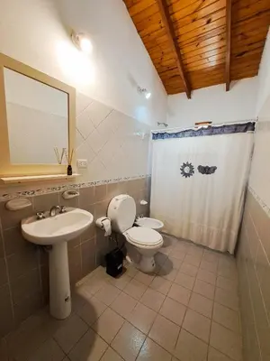 a bathroom with a toilet and a sink and a mirror at Casa de campo in Los Hornillos