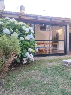 a large bush of flowers in front of a building at Lo de Claudia in Alta Gracia