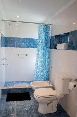a bathroom with a toilet and a blue shower curtain at Complejo Malucos in Pantanillo