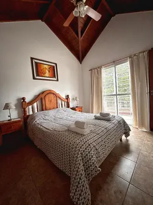 a bedroom with a bed and a ceiling fan at Cabañas Abril in Merlo