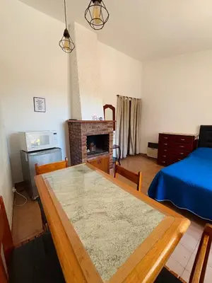 a room with a table and a bed and a fireplace at Departamentos Pasini in Villa Carlos Paz