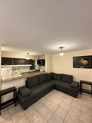 a living room with a couch and a kitchen at Departamento 1 dorm con cochera Nueva Córdoba 1 E INVERHOME INMOBILIARIA in Cordoba