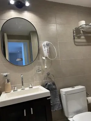 a bathroom with a sink and a mirror and a toilet at Departamento balcones de Cofico in Cordoba