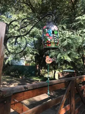 a lantern is hanging on a fence next to a tree at Cabaña La Cotita in Villa Los Aromos