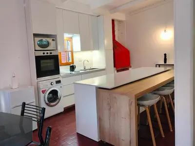 a kitchen with a counter with a sink and a washing machine at ApartQ, depto entero, Villa Belgrano, Córdoba capital in Cordoba