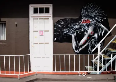 a mural on the side of a building with a white door at Hostel Alvear in Cordoba