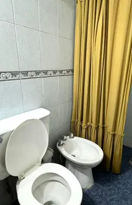 a bathroom with a toilet and a yellow shower curtain at Tránsito in Cordoba