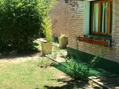 a house with two plants in front of a window at Hotel Complejo Najul Suites-Solo Adultos in Mina Clavero