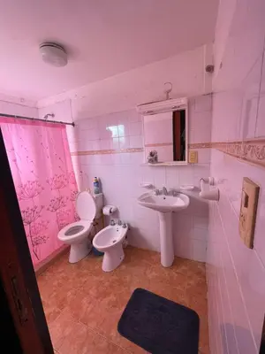 a pink bathroom with two toilets and a sink at Alpinas San Lorenzo in Merlo