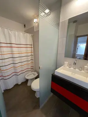a bathroom with a white toilet and a sink at Departamento PB, patio y asador privados - NUEVO SERVICIO Estacionamiento 24hs INCLUIDO, no camioneta- Cerca de hotel Quinto Centenario, Nuevocentro shopping, Hospital Clinicas y Club Universitario Córdoba Sede central in Cordoba