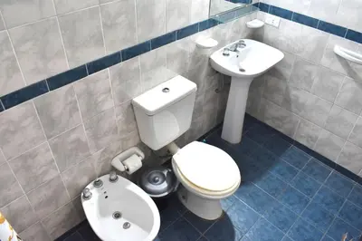 a bathroom with a toilet and a sink at Gran hotel argentino in Villa Carlos Paz