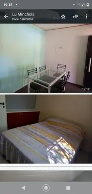 two pictures of a room with a bed and a glass table at Cabañas La Mimi in Villa Anizacate