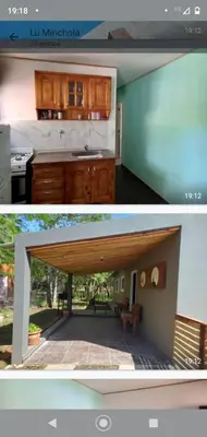 two pictures of a kitchen and a living room at Cabañas La Mimi in Villa Anizacate