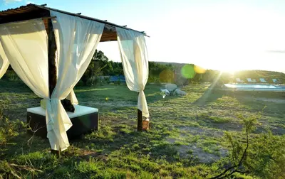 a canopy bed in a field with the sun setting at Senderos del Tao in Las Rabonas