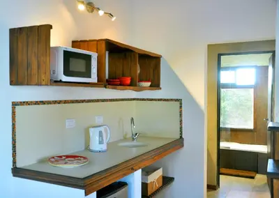 a kitchen with a counter with a sink and a microwave at Senderos del Tao in Las Rabonas