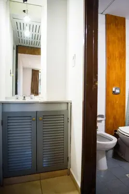 a bathroom with a toilet and a sink and a mirror at Dpto 1 habitación con cochera in Cordoba
