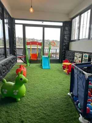 a play room with green carpet and a playground at Ciervo de Oro in Villa Carlos Paz