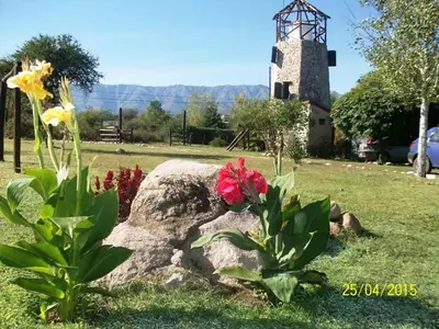 a rock and flowers in a field with a windmill at El Viejo Molino Casas de Campo in Nono
