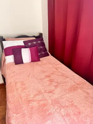 a bed with purple and white pillows on it at Departamentos Refugio del Rio in Cordoba
