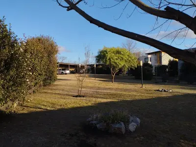 a park with trees and a building in the background at Paraíso Serrano 19 in Los Reartes