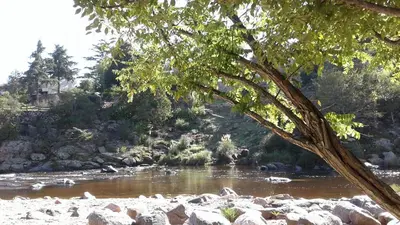 a river with rocks and a tree in the foreground at Casa Icho Cruz in Villa Icho Cruz