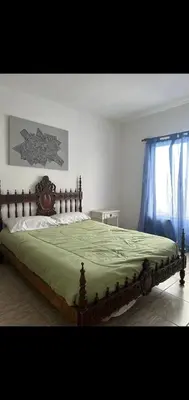 a bedroom with a large bed with a green blanket at Depto por día in Río Cuarto