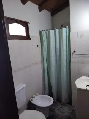 a bathroom with a toilet and a green shower curtain at Suites de Montaña Despertar del Gallo in Villa Cura Brochero