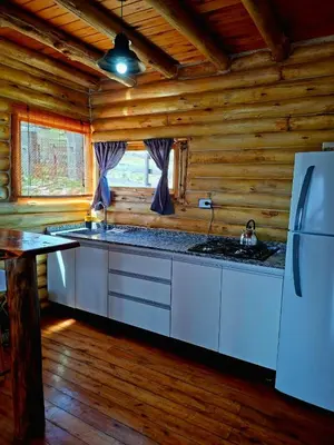 a kitchen in a log cabin with a refrigerator at La Autóctona in Villa Yacanto