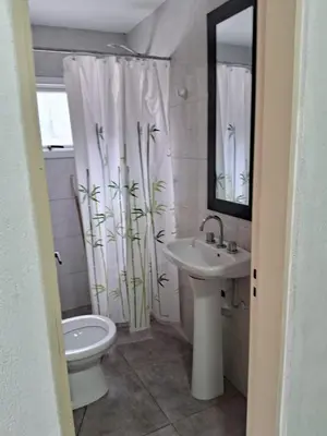 a bathroom with a sink and a toilet and a shower curtain at pepesapart in Cordoba