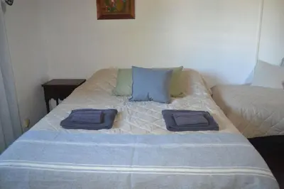 a bed with two blue pillows on top of it at Depto Granja de Funes in Cordoba
