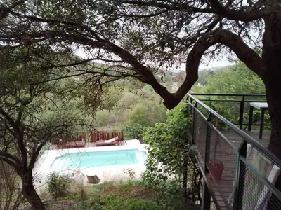 a swimming pool in a yard with a tree at Casa nacha in Cuesta Blanca