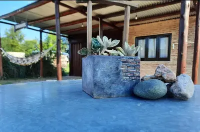 a potted plant in a stone planter on a blue floor at Cabaña Emmanuel in Santa Rosa de Calamuchita