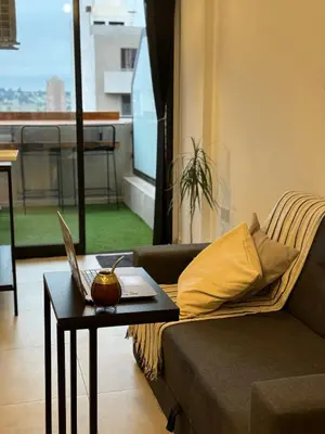 a living room with a couch and a table with a laptop at A 3 cuadras de Patio Olmos in Cordoba