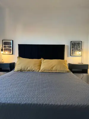 a bedroom with a bed with a blue comforter and two lamps at A 3 cuadras de Patio Olmos in Cordoba