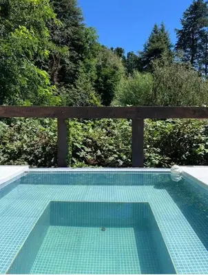 a swimming pool in front of a wooden fence at Willert Cabañas Cumbrecita in La Cumbrecita